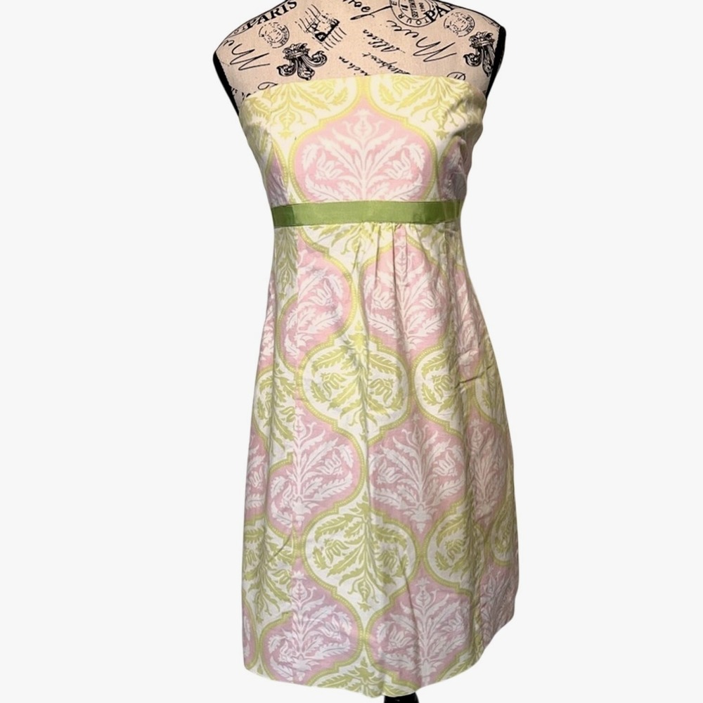 Molly B Strapless 100% Cotton Dress Pink & Green Damask Print Size 6 Coastal EUC